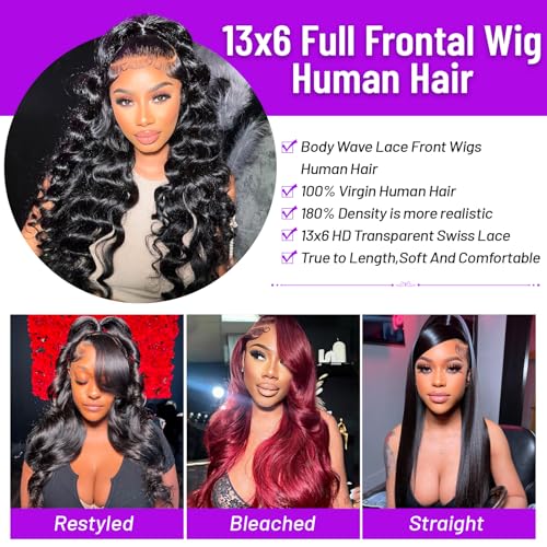 13x6 Body Wave Lace Front Wigs Human Hair Pre Plucked Brazilian 13x6 HD Lace Front Wigs Human Hair with Baby Hair Full Lace Frontal Wig 13x6 Body Wave Wig for Women 180% Density Natural Black 34 Inch