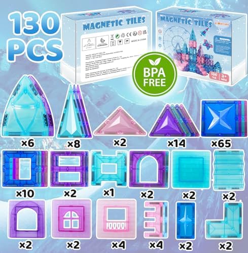 130Pcs Magnetic Tiles, Frozen Toys for Girls 3D Diamond Magnetic Building Blocks, STEM Sensory Educational Toys for Toddlers Kids, Birthday Gifts for Girls 3 4 5 6 7 8+ Year Old