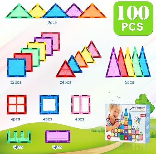 100PCS Magnetic Tiles Kids Toys - Magnetic Building Blocks STEM Magnet Building Set Preschool Learning Magnetic Toys for Kids Ages 3-5 4-8, Sensory Montessori Toys for 3+ Year Old Boys and Girls