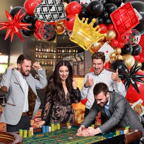 144PCS Dice Favor Boxes Casino Theme Party Decorations , Casino Balloon Arch Garland Kit Red Black Gold Dice Crown Poker Foil Balloons for Poker Las Vegas Game Night Casino Party Supplies