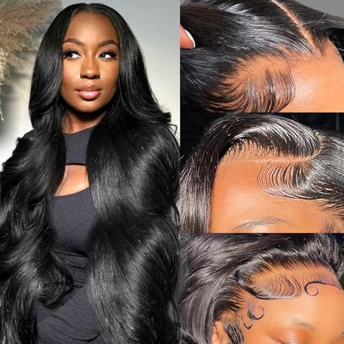 13x6 Body Wave Lace Front Wigs Human Hair Pre Plucked Brazilian 13x6 HD Lace Front Wigs Human Hair with Baby Hair Full Lace Frontal Wig 13x6 Body Wave Wig for Women 180% Density Natural Black 34 Inch