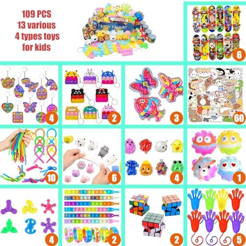 109 PCS Premium Party Favors Toys for Kids,Assortment Mini Pop Fidget it Toys for All Ages Kids,Classroom Prizes,Treasure Chest, Prize Box Toys, Goody Bag Fillers,Carnival Prizes for Boys Girls 4-10