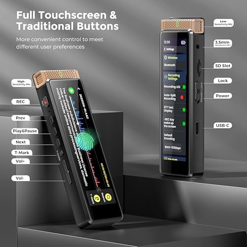 136GB Digital Voice Recorder with Playback, Innioasis R1 Full Touchscreen Voice Recorder with AI Intelligent Transcription and Bluetooth, Voice Activated Sound Audio Recorder Device with Mic (Gold)