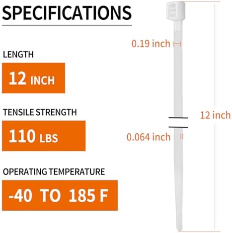 12 Inch White Zip Ties (200 Pack), 2025 New Patented Design,110 LBS Tensile Strength, Self-Locking Nylon PA66 UV Resistant Cable Ties for Indoor and Outdoor Use