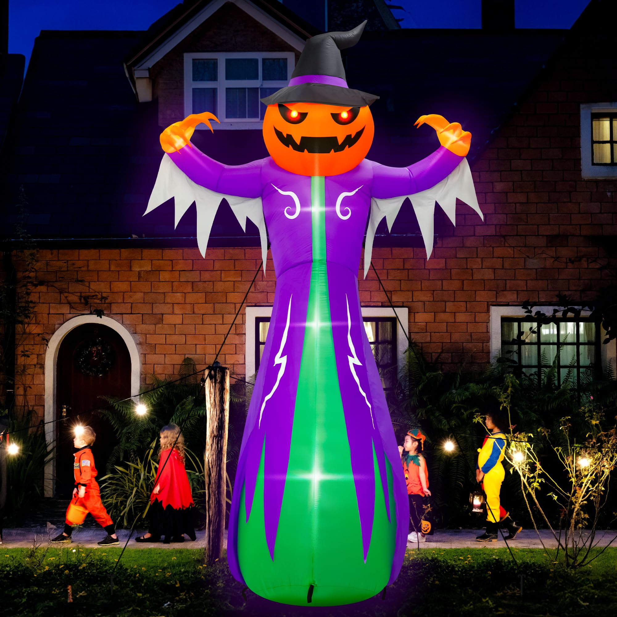 14FT Halloween Inflatables Decorations, Giant Halloween Inflatables Pumpkin Ghost with Witch Hat, Pre-lit Blow Up Halloween Inflatables Decor for Haunted House Halloween Outdoor Party Yard Lawn