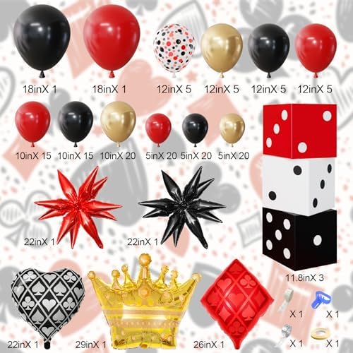 144PCS Dice Favor Boxes Casino Theme Party Decorations , Casino Balloon Arch Garland Kit Red Black Gold Dice Crown Poker Foil Balloons for Poker Las Vegas Game Night Casino Party Supplies