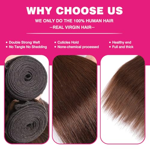 12A Human Hair Bundles Brown 20 22 24 Inch Straight 4 Bundles Human Hair Unprocessed Brazilian Bundles Human Hair Chocolate Brown Human Hair Extensions Double Weft Remy Hair Bundles #4 Color