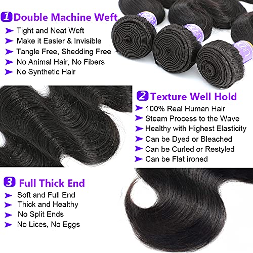 12A Brazilian Virgin Body Wave Human Hair Bundles Weave 100% Unprocessed Brazilian Virgin Body Wave Hair Bundles Natural Black Color Brazilian Hair Weave (14inch,Hair Bundles)