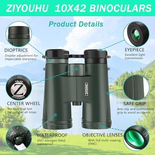 10x42 Binoculars for Adults High Powered- Large View with Clear Vision Waterproof & Fogproof Lightweight Easy Focus Compact Binoculars for Bird Watching Hunting Travel Sports Opera Concert