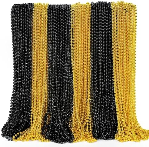 144PCS New Years Eve Bead Necklace, Black Gold Bead Necklace Party Supplies, 33" New Years Eve Necklaces Costume Set, Festival Parade Throw for Mardi Gras New Years Celebrations Decorations