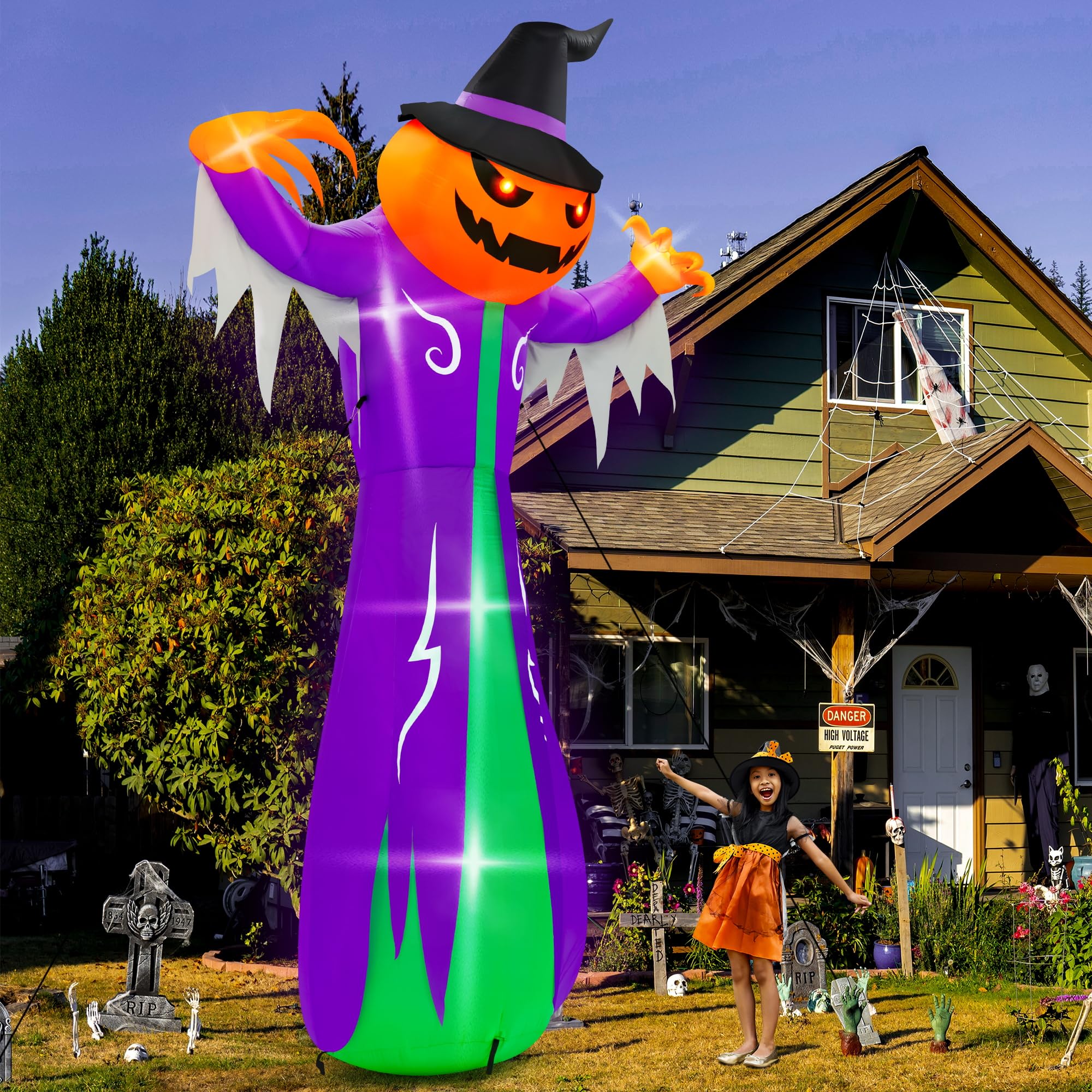 14FT Halloween Inflatables Decorations, Giant Halloween Inflatables Pumpkin Ghost with Witch Hat, Pre-lit Blow Up Halloween Inflatables Decor for Haunted House Halloween Outdoor Party Yard Lawn