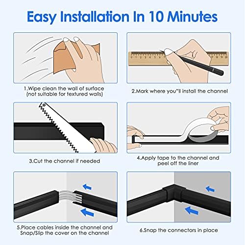 125in Black Cord Cover, Black Cord Hider Cable Raceway Kit for Mount TVs, Wire Hider Cord Management, Cable Hider for Home Office, 8X L15.7 W1.18 H0.6, Large, Black