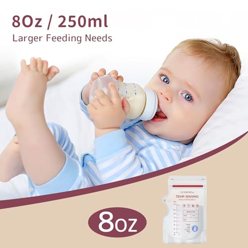 120 Pcs Breastmilk Storage Bags 8 Oz, Temp-Sensing BPA Free Milk Storage Bags with Pour Spout for Breastfeeding, Self-Standing or Flat Pre-sterilised Bag, Space Saving for Fridge or Freezer