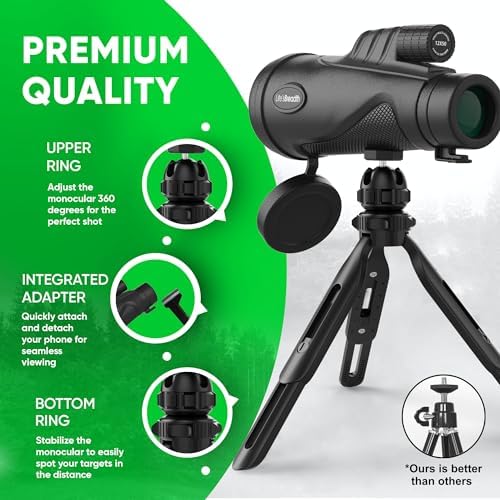 12x52 Monocular Telescope with Smartphone Adapter and Upgraded Tripod, HD Handheld Telescope - High Powered Monocular Scope for Adults - Birdwatching - Gifts for Men Him Dad Husband Boyfriend (Black)