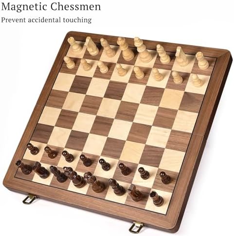 15" Wooden Chess Set with Magnetic Pieces - Extra Queens - Folding Chessboard Portable Travel Tournament Chess Board Games for Adults Kids