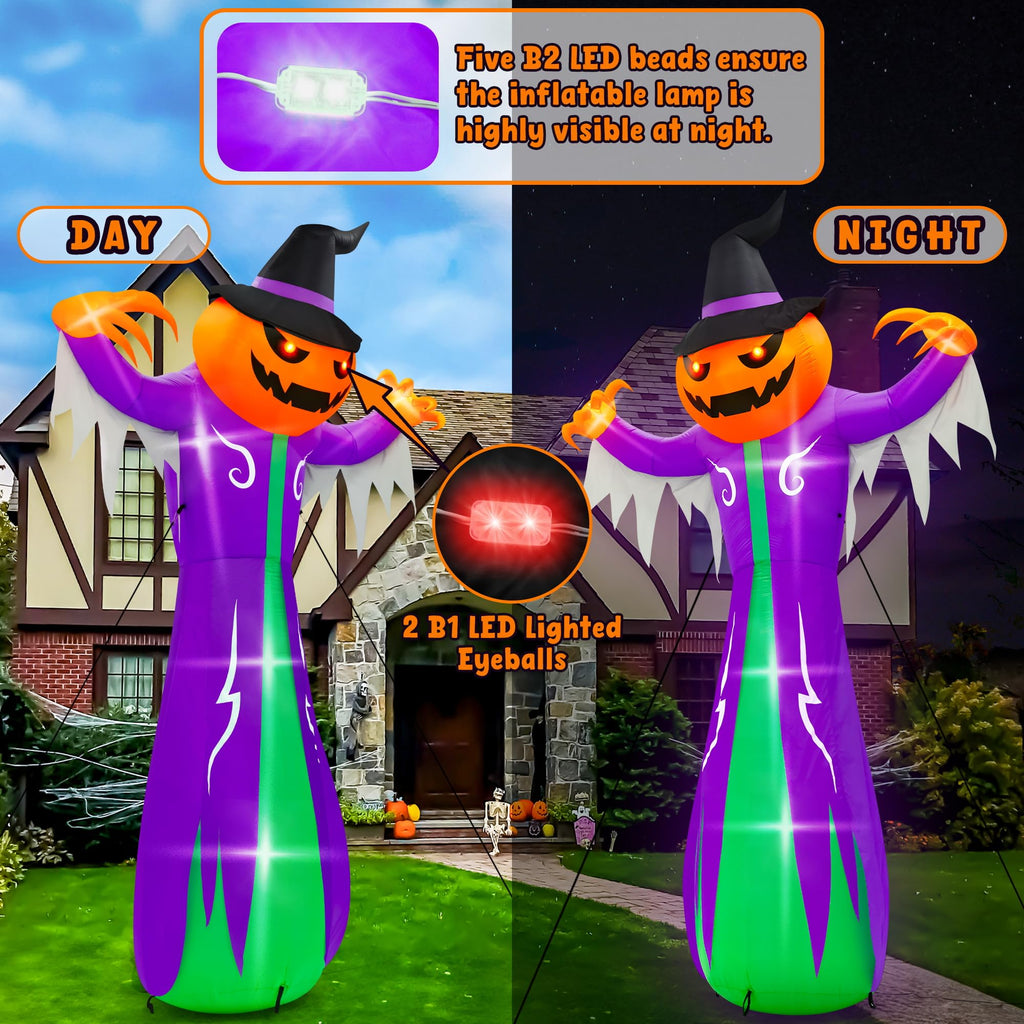 14FT Halloween Inflatables Decorations, Giant Halloween Inflatables Pumpkin Ghost with Witch Hat, Pre-lit Blow Up Halloween Inflatables Decor for Haunted House Halloween Outdoor Party Yard Lawn