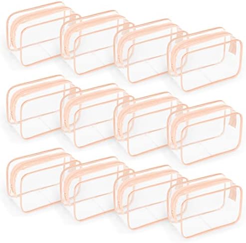 12 PCS Clear Toiletry Bag for Women Men, Transparent Cosmetic Bag for Travel Makeup Organizer TSA Approved Pouch -Orange-pink, Small