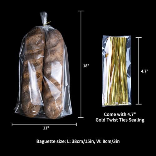 11 x 18 Inch French Bread Bags, 100 Clear Plastic Baugette Long Bags With Free Twist Ties - Mirco Perforated, Thickened, Freezer Safe, Disposable
