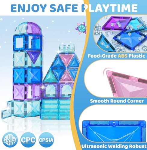 130Pcs Magnetic Tiles, Frozen Toys for Girls 3D Diamond Magnetic Building Blocks, STEM Sensory Educational Toys for Toddlers Kids, Birthday Gifts for Girls 3 4 5 6 7 8+ Year Old