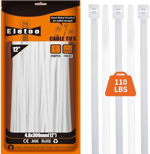 12 Inch White Zip Ties (200 Pack), 2025 New Patented Design,110 LBS Tensile Strength, Self-Locking Nylon PA66 UV Resistant Cable Ties for Indoor and Outdoor Use